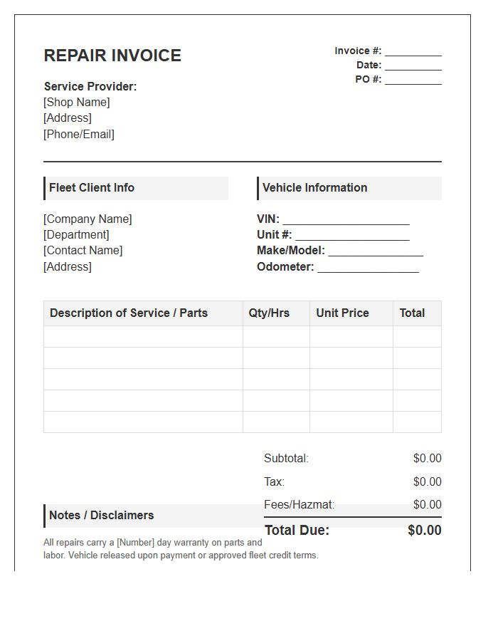 Fleet Vehicle Repair Invoice Template