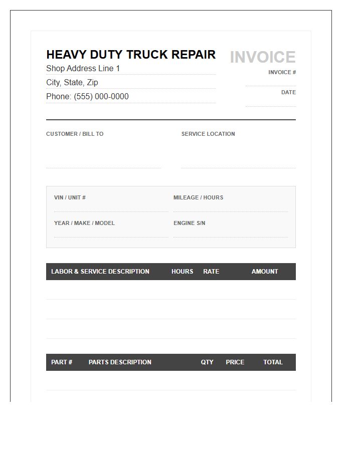 Heavy Duty Truck Repair Invoice Template
