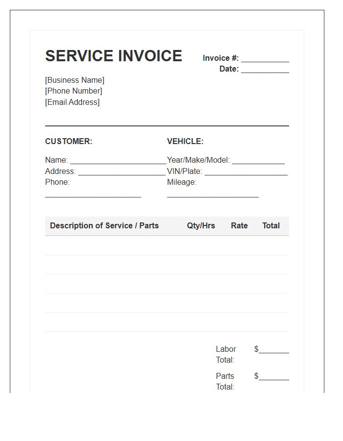 Mobile Mechanic Service Invoice Template