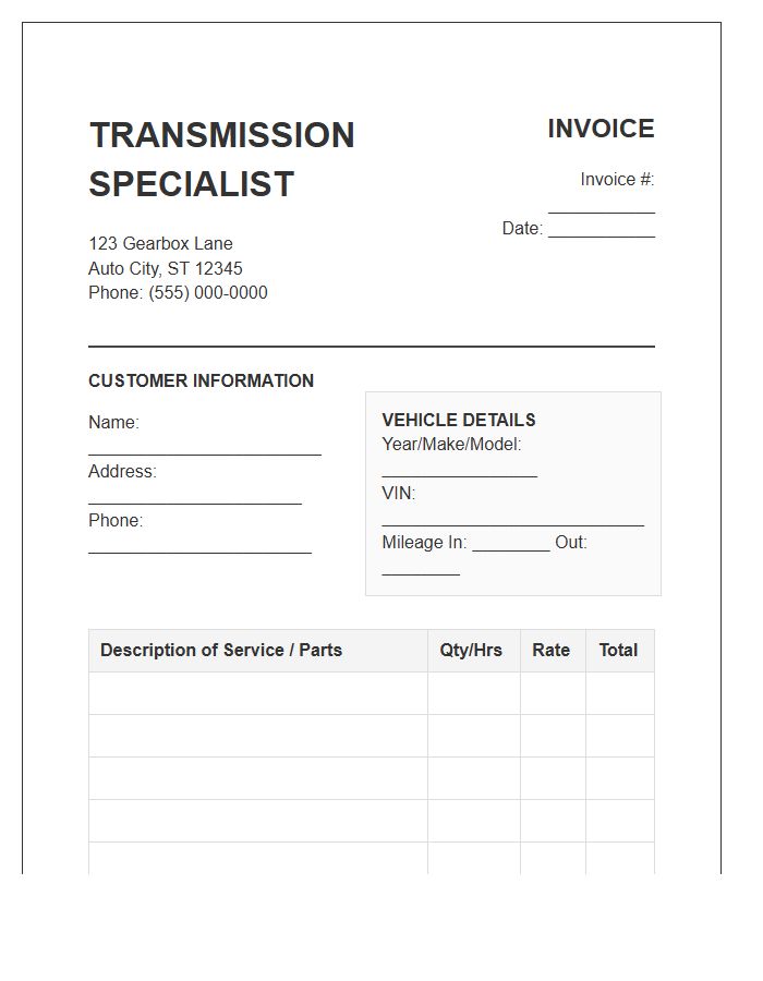 Transmission Specialist Service Invoice Template