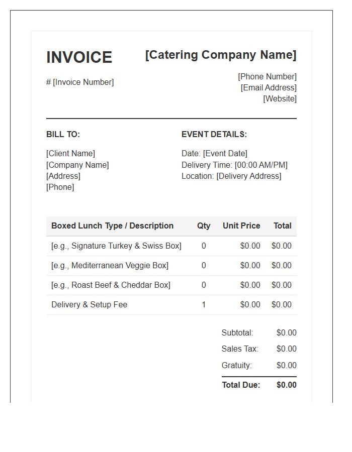 Boxed Lunch Catering Invoice Template