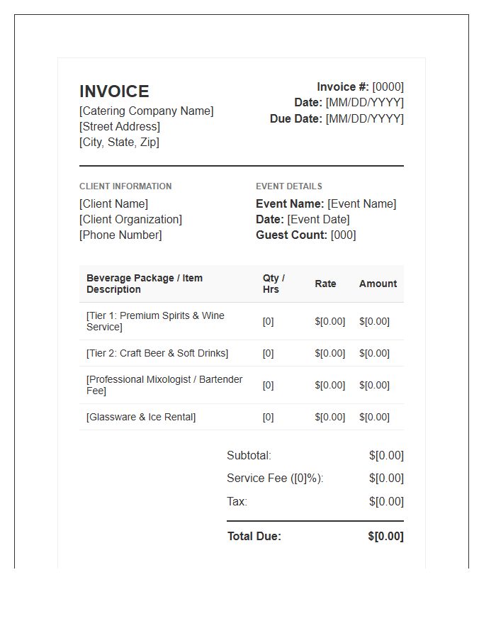 Catering Beverage Package Invoice Template