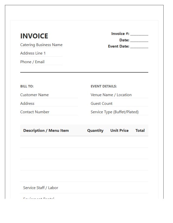 Catering Business Itemized Invoice Template