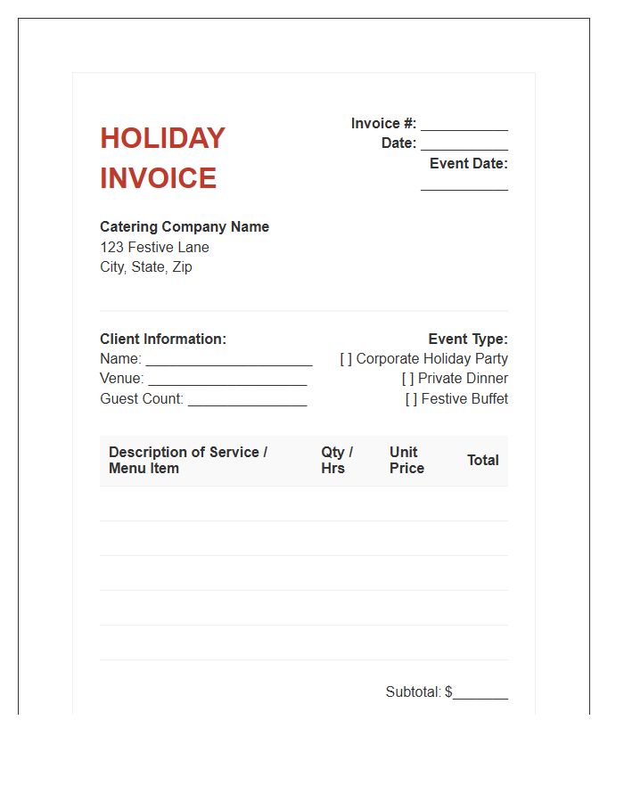 Holiday Event Catering Invoice Template