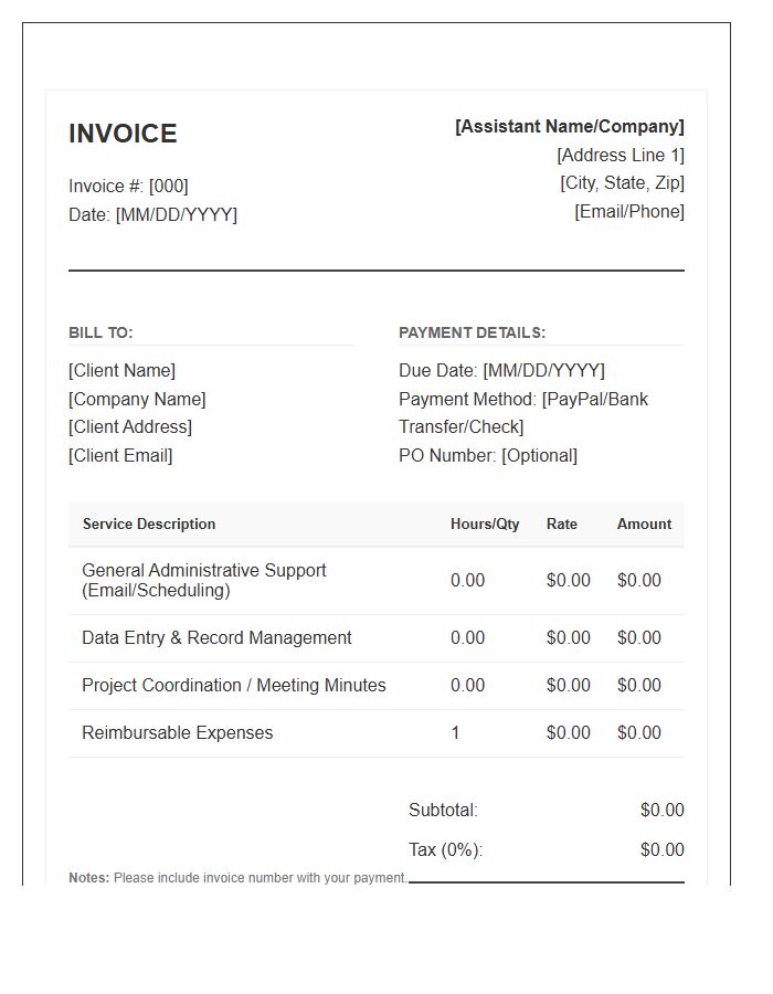 Administrative Assistant Service Billing Invoice Template