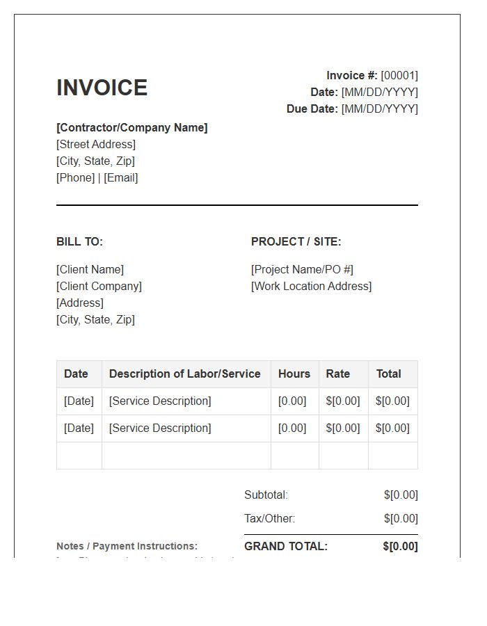 Contractor Labor Service Billing Invoice Template