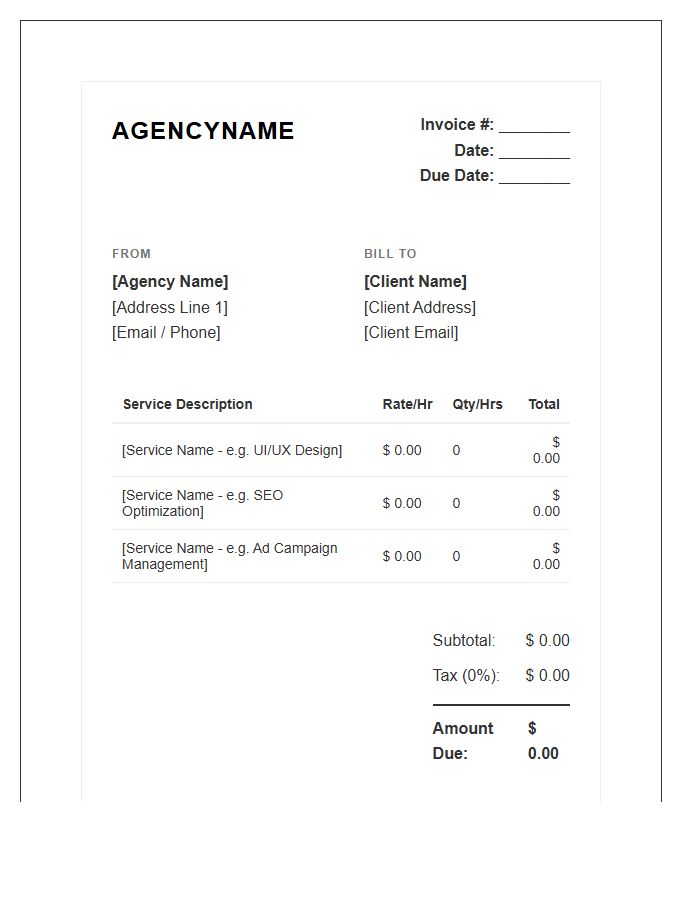 Digital Agency Service Billing Invoice Template