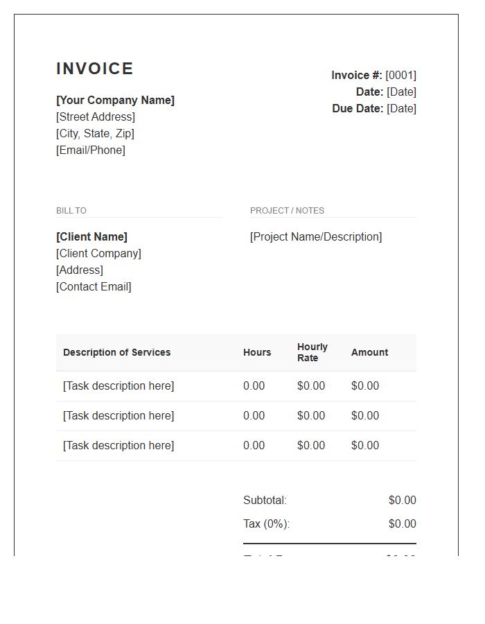 Hourly Rate Service Billing Invoice Template