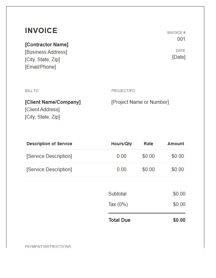 Independent Contractor Service Billing Invoice Template