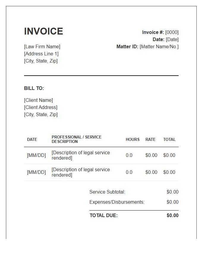 Legal Professional Service Billing Invoice Template