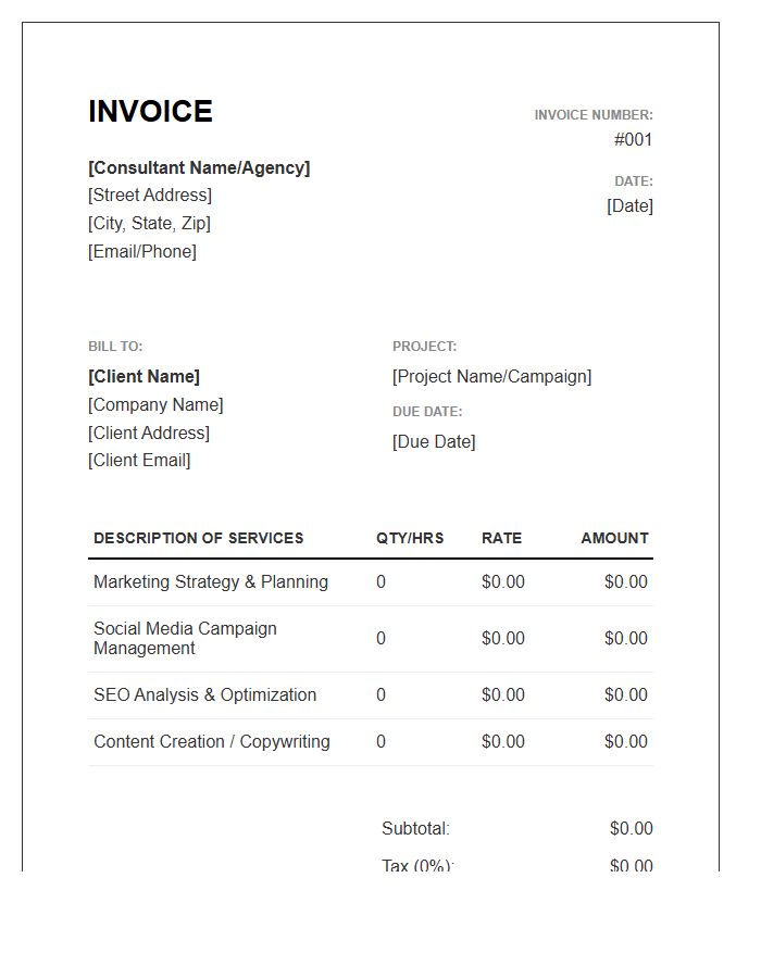 Marketing Consultant Service Billing Invoice Template