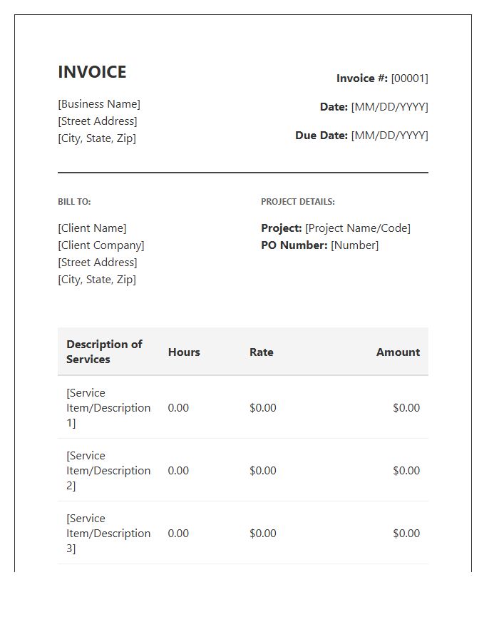 Professional Services Hourly Billing Invoice Template