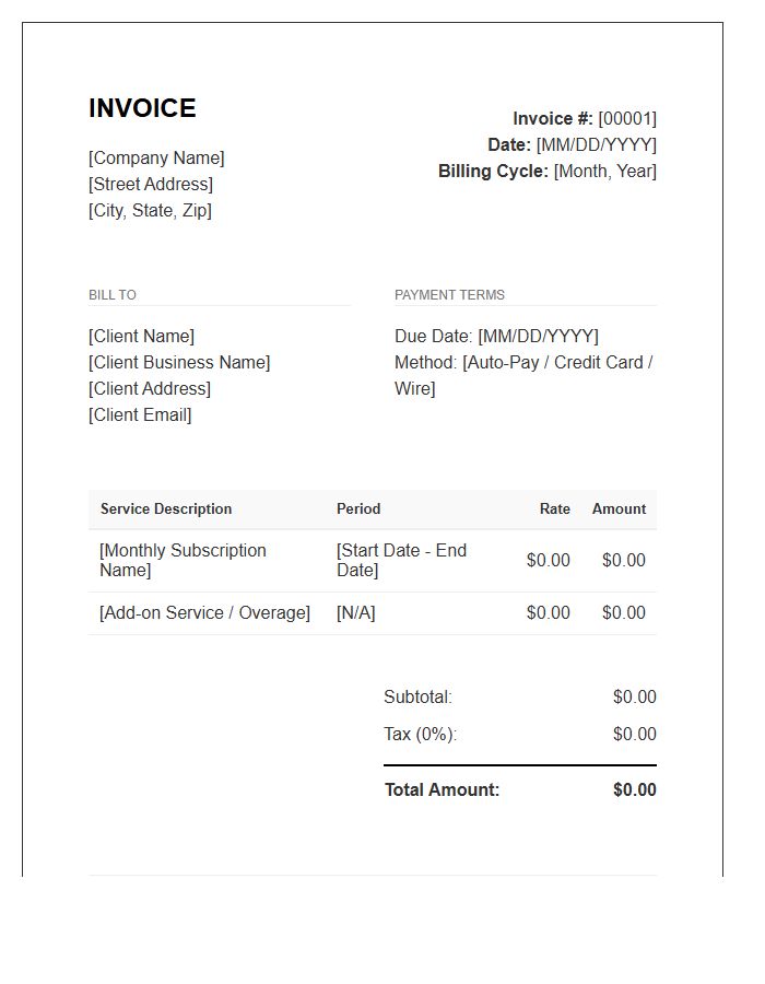 Recurring Monthly Service Billing Invoice Template