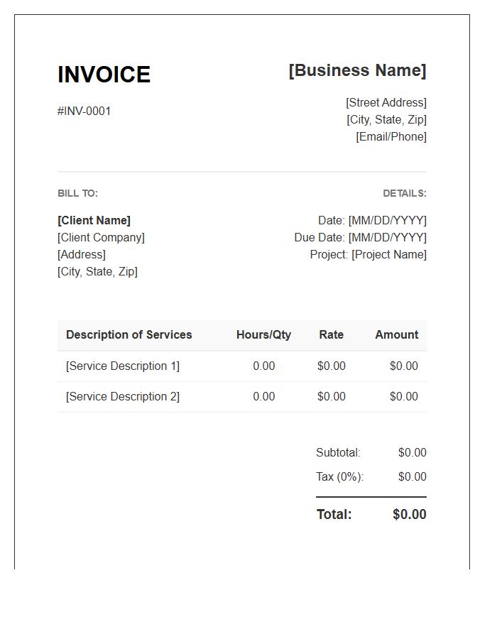 Small Business Professional Service Billing Invoice Template