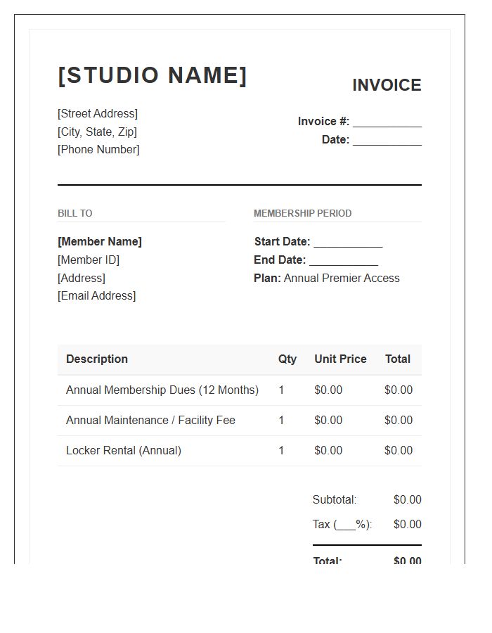 Annual Fitness Studio Membership Invoice Template