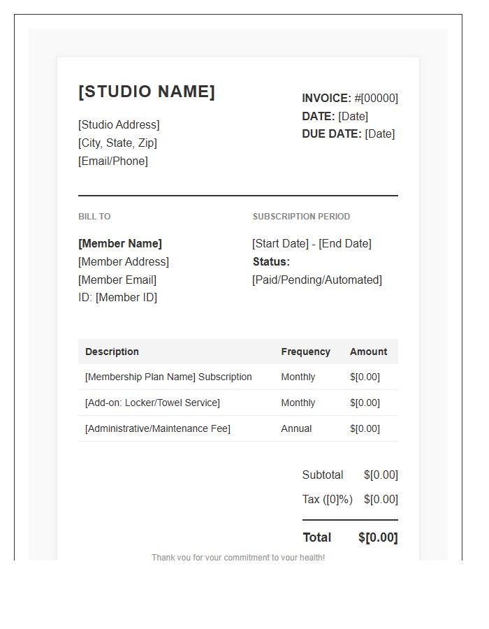 Automated Fitness Studio Subscription Invoice Template
