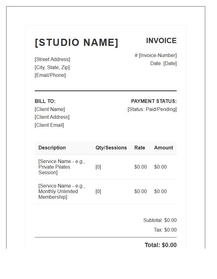 Boutique Fitness Studio Billing Invoice Template