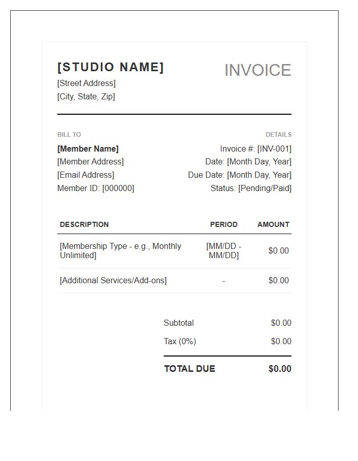 Branded Fitness Studio Membership Invoice Template