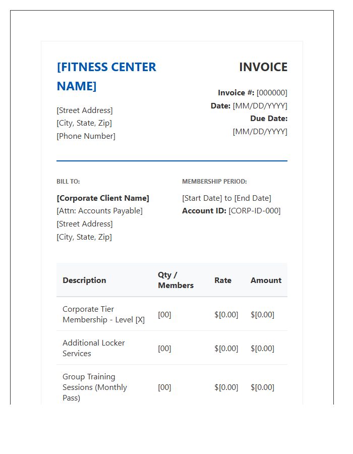 Corporate Fitness Membership Billing Invoice Template