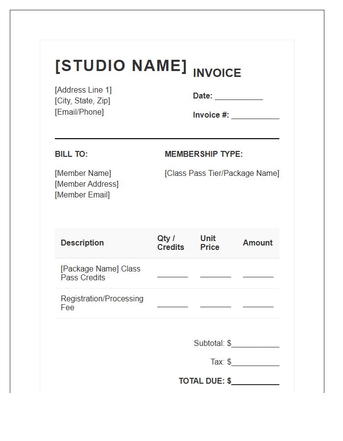 Cycling Studio Class Pass Membership Invoice Template