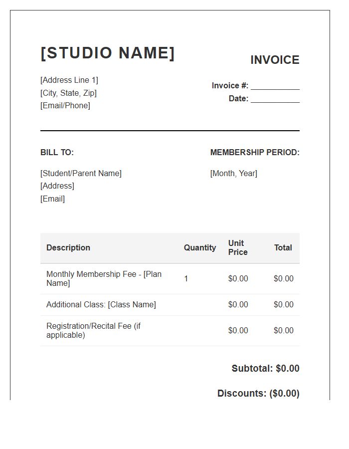 Dance Studio Monthly Membership Invoice Template