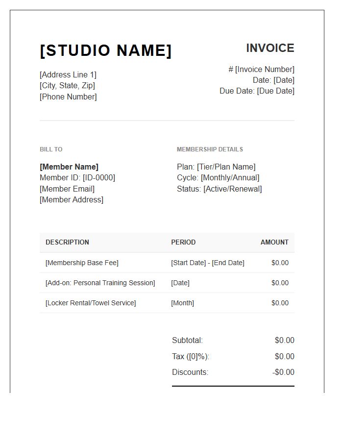 Detailed Fitness Studio Membership Invoice Template