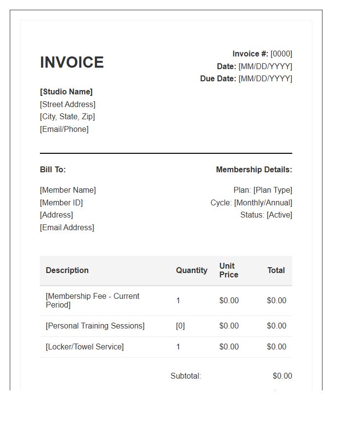 Electronic Fitness Studio Membership Invoice Template