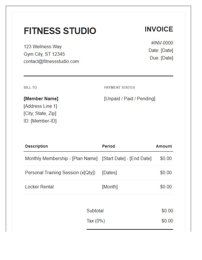 Fitness Studio Membership Invoice Template