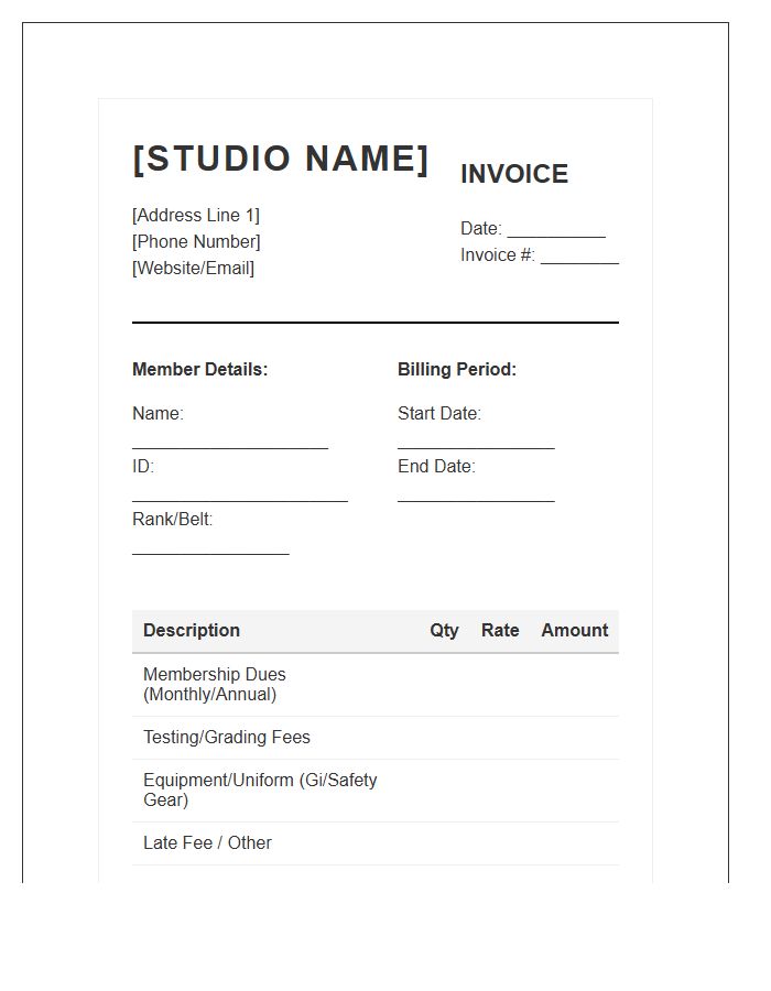 Martial Arts Studio Membership Invoice Template
