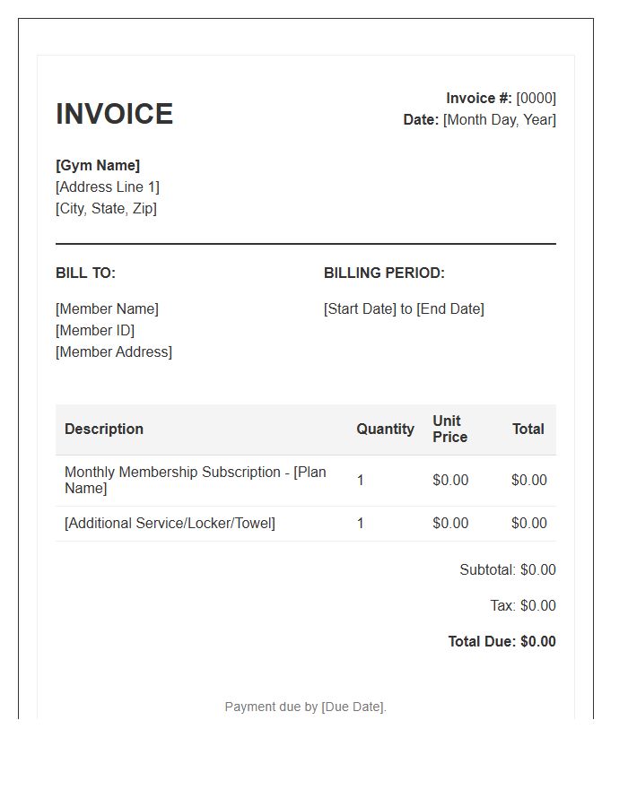 Monthly Gym Membership Invoice Template