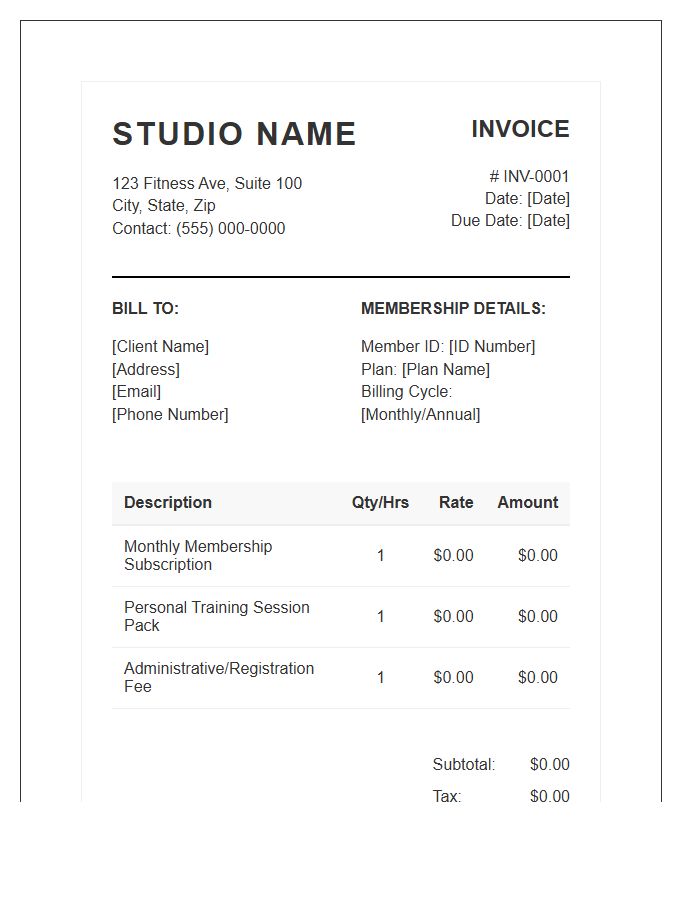 Personal Training Studio Membership Invoice Template