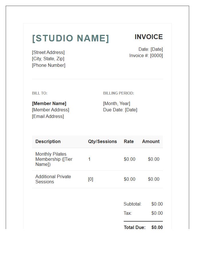 Pilates Studio Monthly Dues Invoice Template