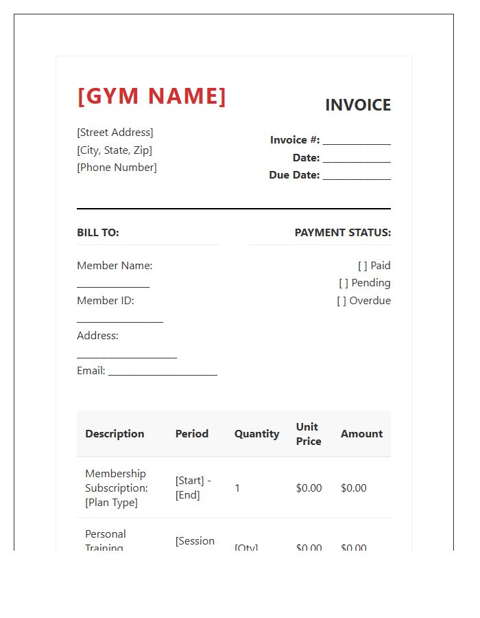 Professional Fitness Membership Invoice Template