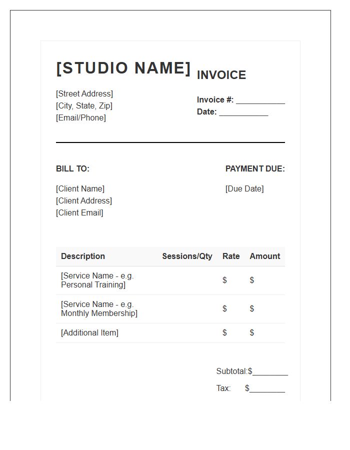Small Business Fitness Studio Invoice Template
