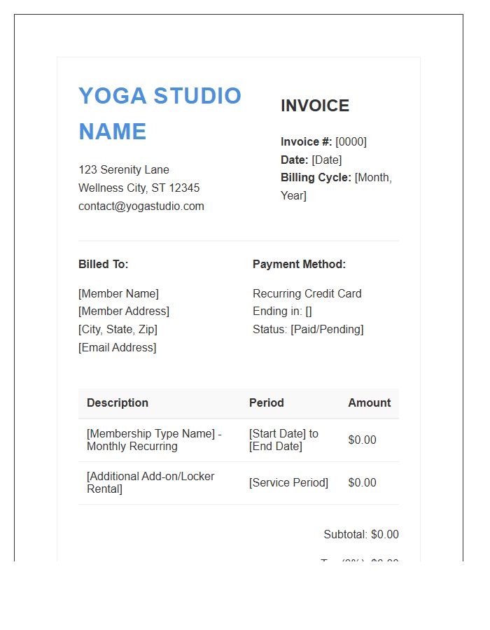 Yoga Studio Recurring Membership Invoice Template