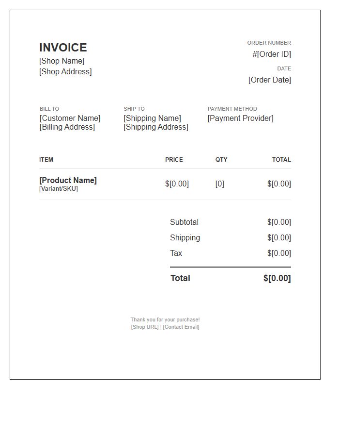 Shopify Merchant Order Invoice Template