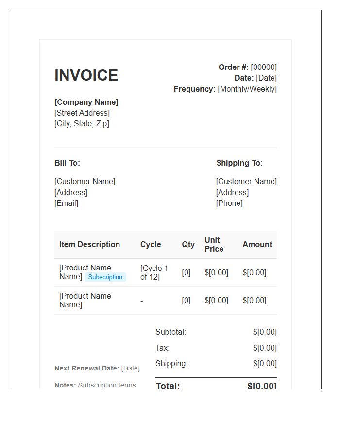 Subscription Retail Order Invoice Template