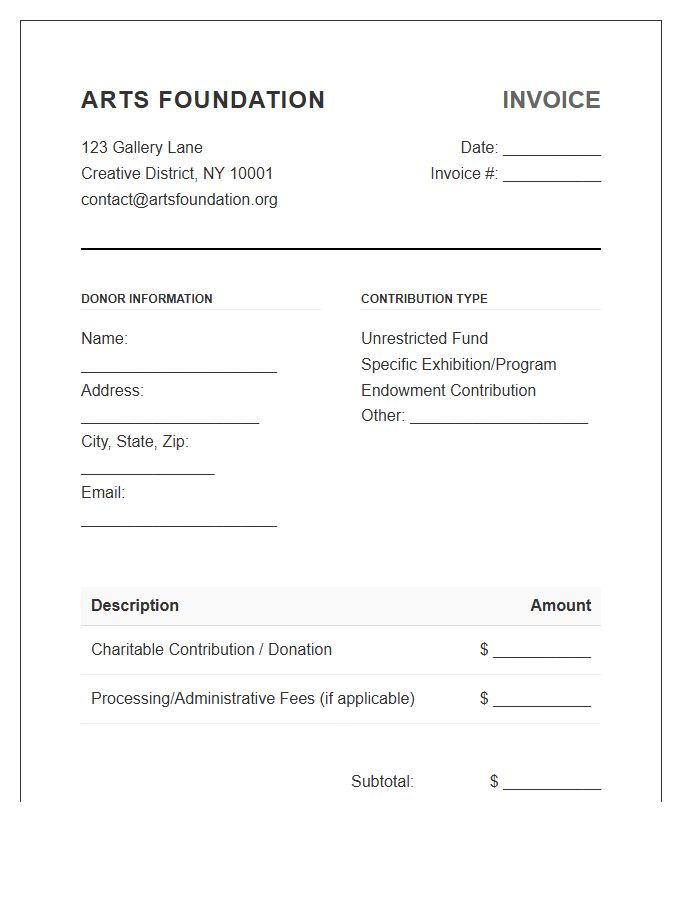 Arts Foundation Charitable Contribution Invoice Template