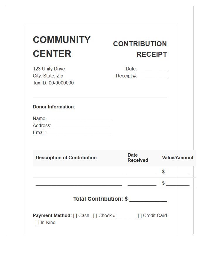 Community Center Charitable Contribution Invoice Template