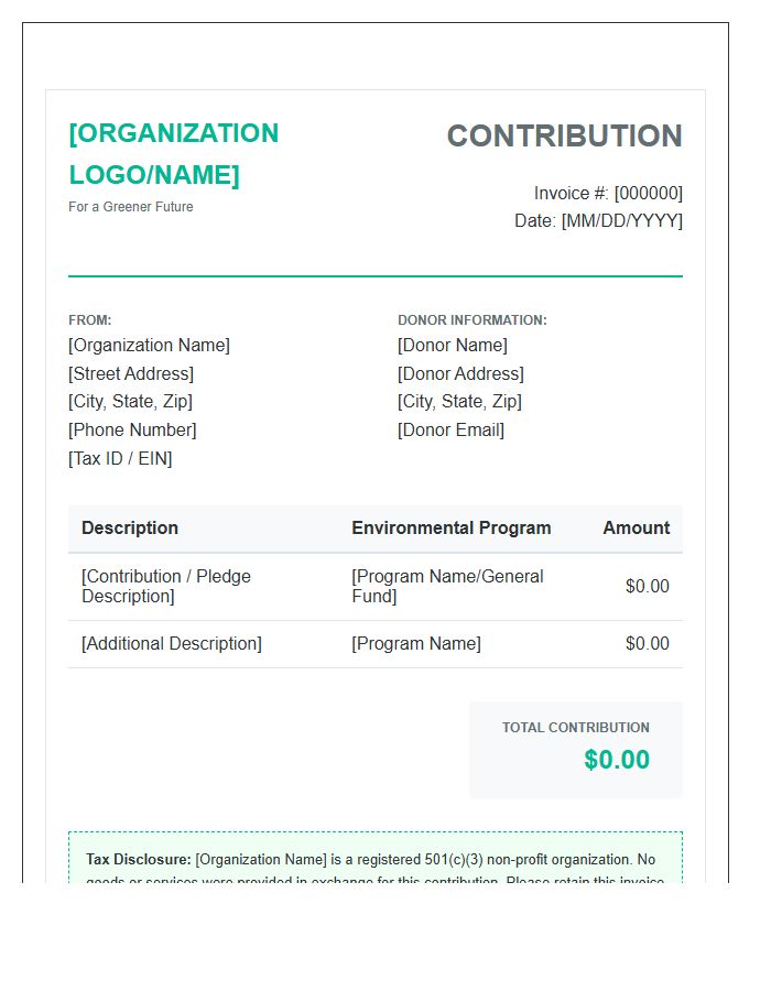 Environmental Nonprofit Charitable Contribution Invoice Template