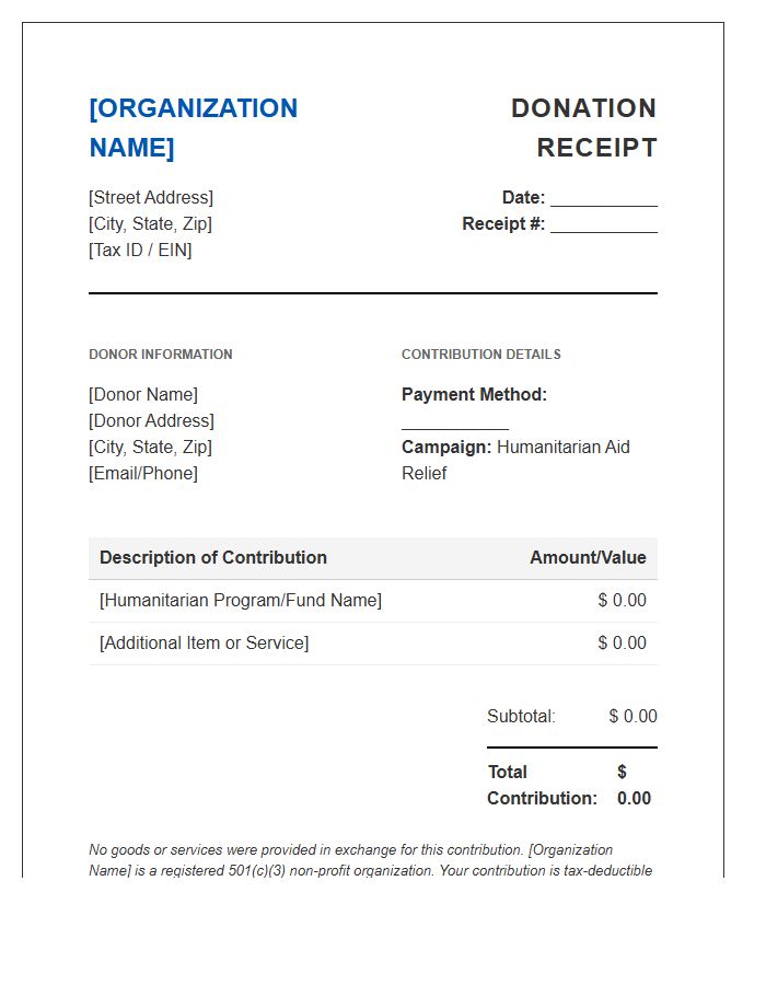 Humanitarian Aid Charitable Contribution Invoice Template