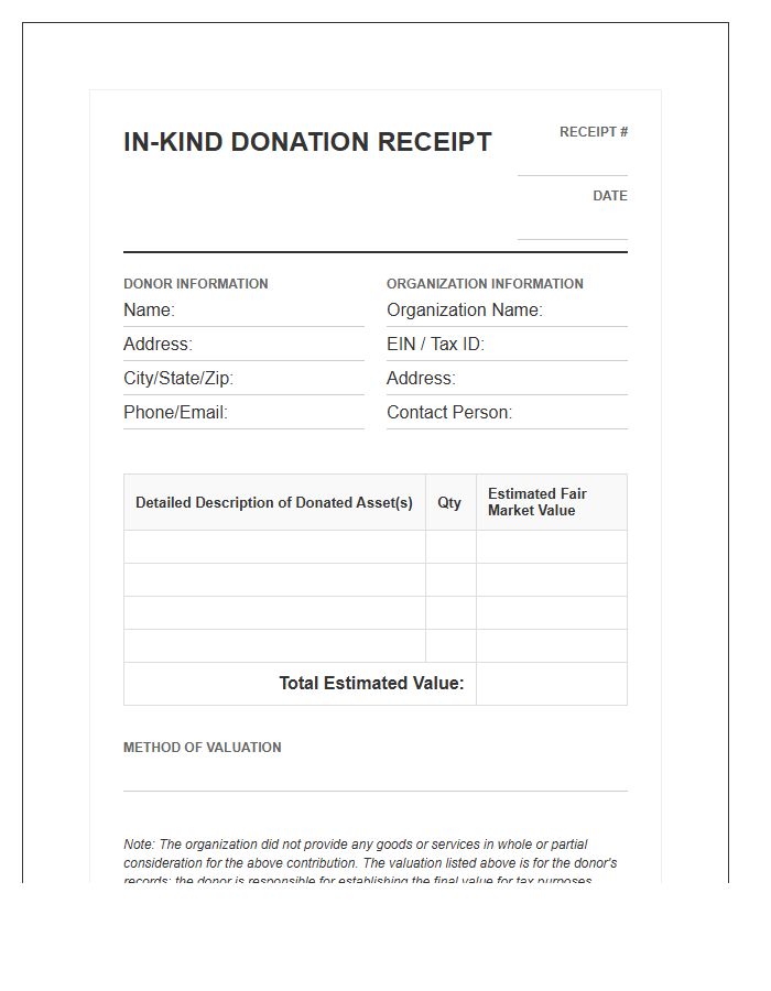 In Kind Asset Charitable Contribution Invoice Template