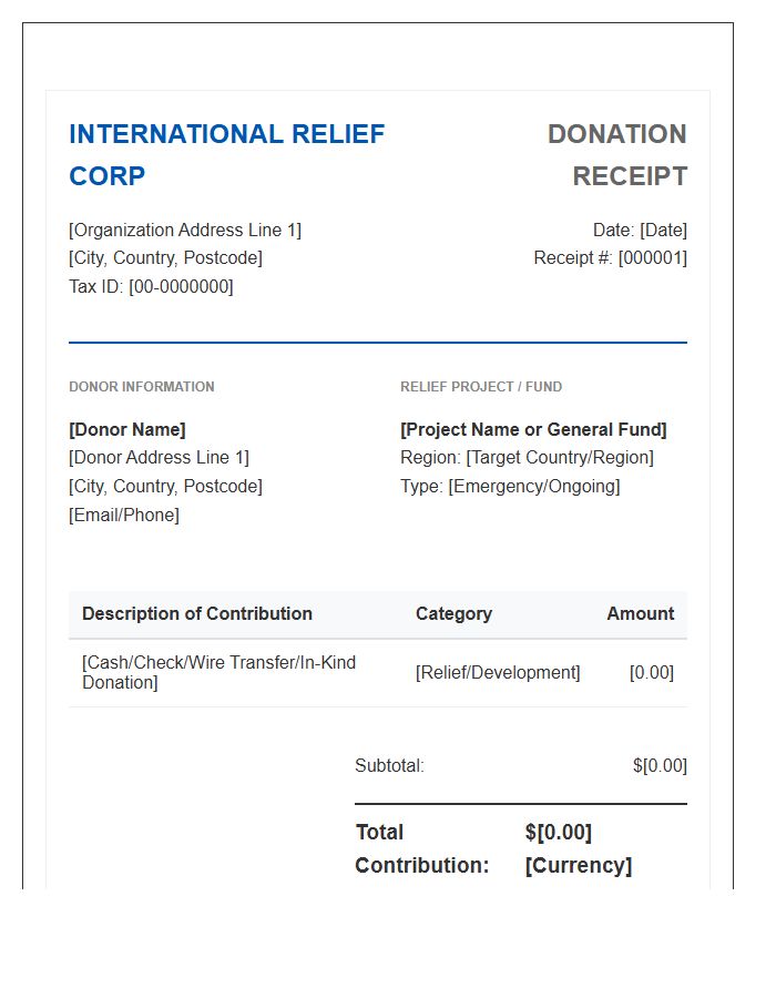 International Relief Charitable Contribution Invoice Template