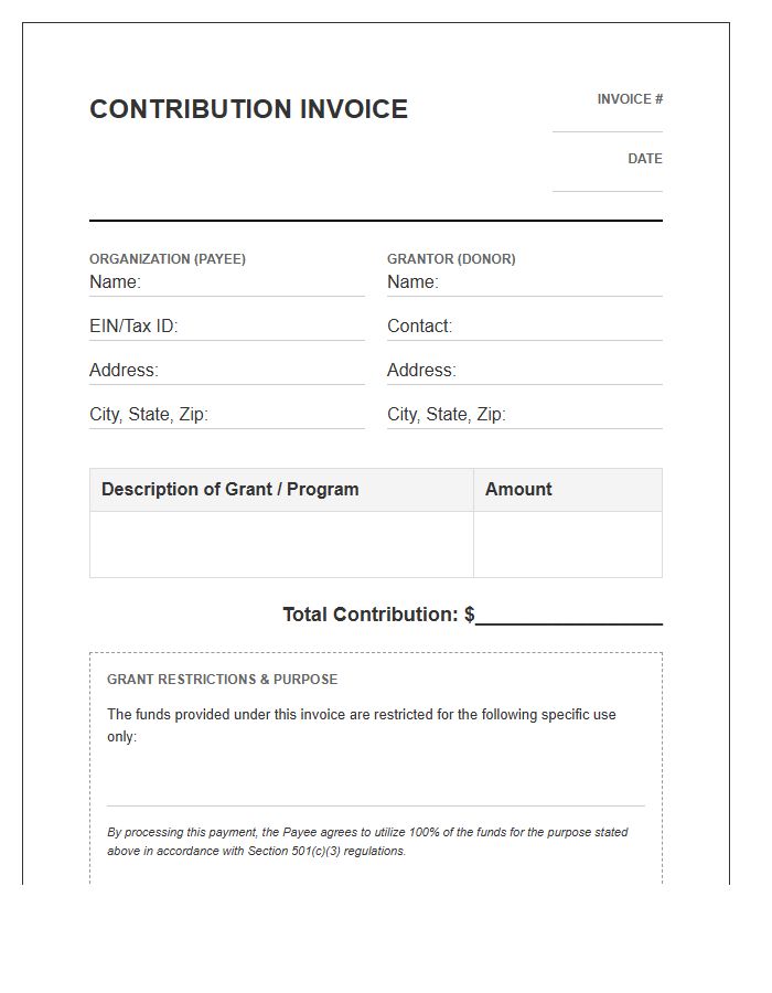 Restricted Grant Charitable Contribution Invoice Template