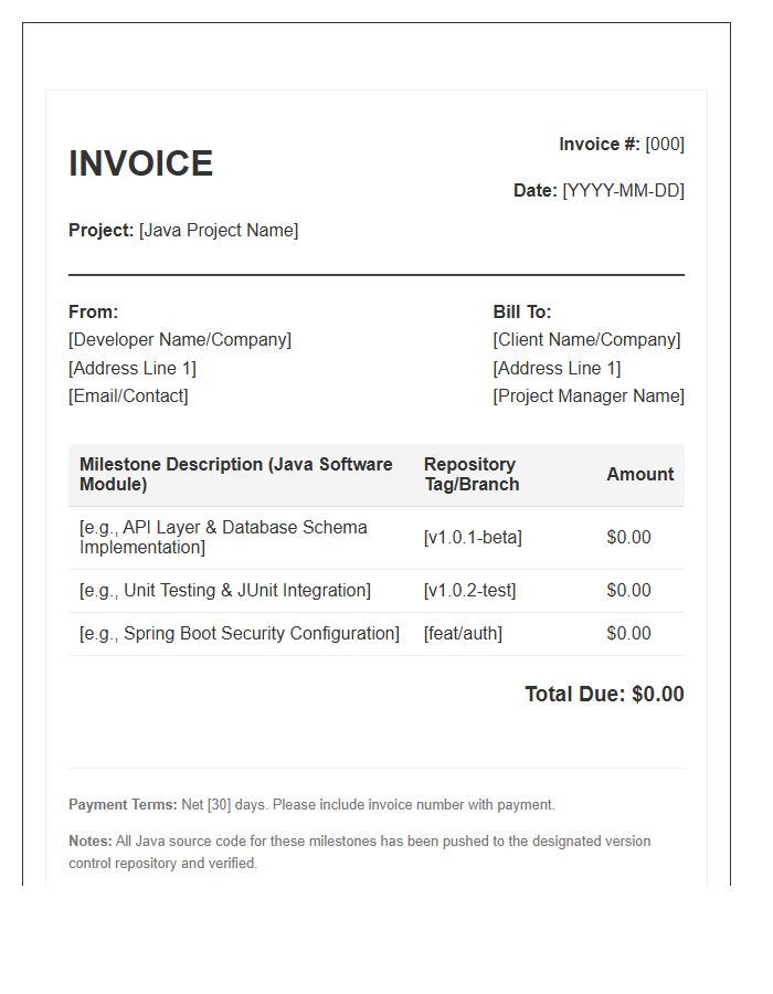 Java Software Project Milestone Invoice Template