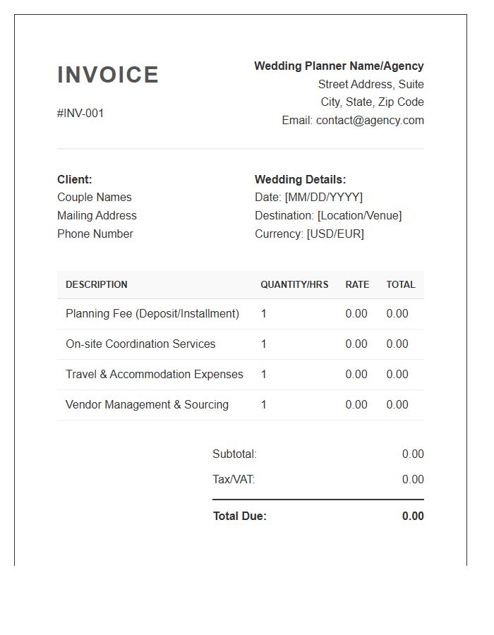 Destination Wedding Planning Invoice Template