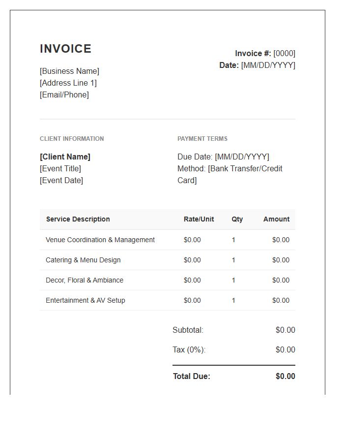 Milestone Celebration Planning Invoice Template