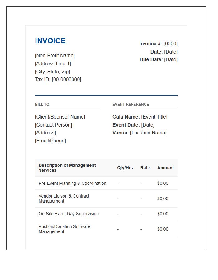 Non Profit Gala Management Invoice Template