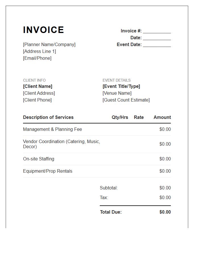 Private Party Planning Invoice Template