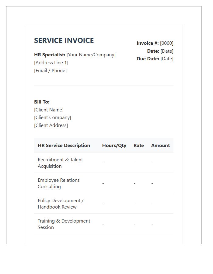 Human Resources Specialist Service Invoice Template